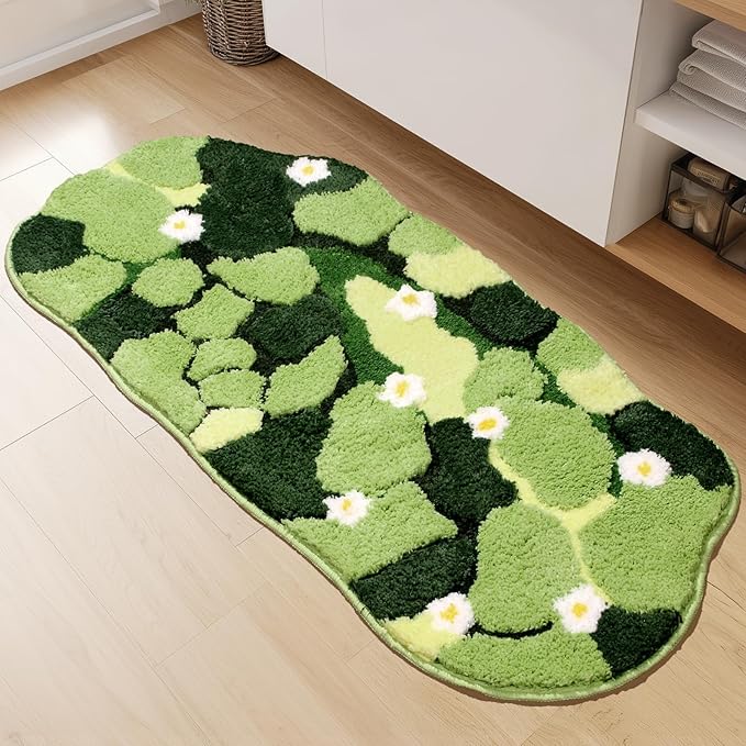 Green Long Bathroom Rug - Moss Bathroom Runner Rug Absorbent & Non Slip Plush Bath Mat, Decorative Washable Soft Green Runner Rug for Bath, Tub, Sink, Bedroom