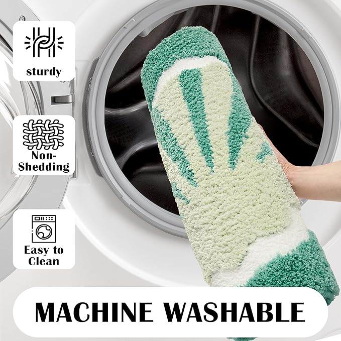 Green Beach Bathroom Rugs Non Slip Washable Cute Coastal Bath Mats Rugs for Bathroom Floor Nautical Fluffy Plush Soft Absorbent Farmhouse Carpet for Shower, Tub, 20x47 inch