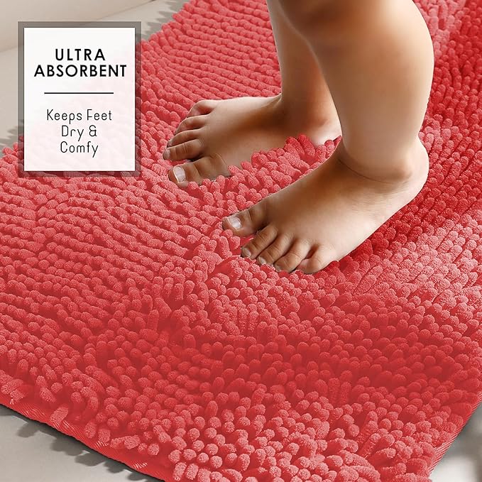 Hearth & Harbor Bathroom Rugs, Chenille Bath Mat - Machine Washable Bath Mats for Bathroom Non-Slip Backing Rubber, Quick Dry Bathroom Mat - Rose Bath Rug, 17x24