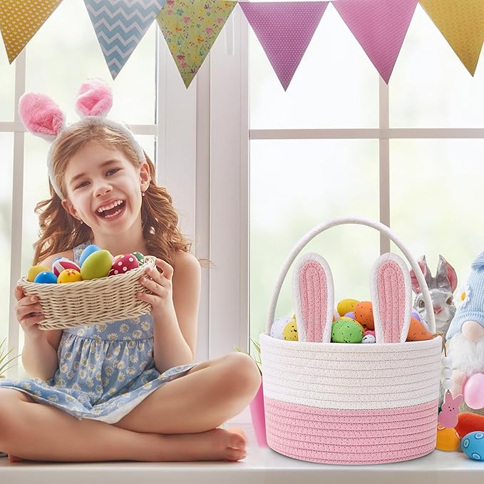 Easter Baskets for Kids, Pink Small Woven Rope Bunny Personalized Easter Basket Empty with Handle, Basket Name Tag, Baby Egg Easter Baskets for Girls Boys Toddler Babies Infant, 9" x 9" x 6.3"