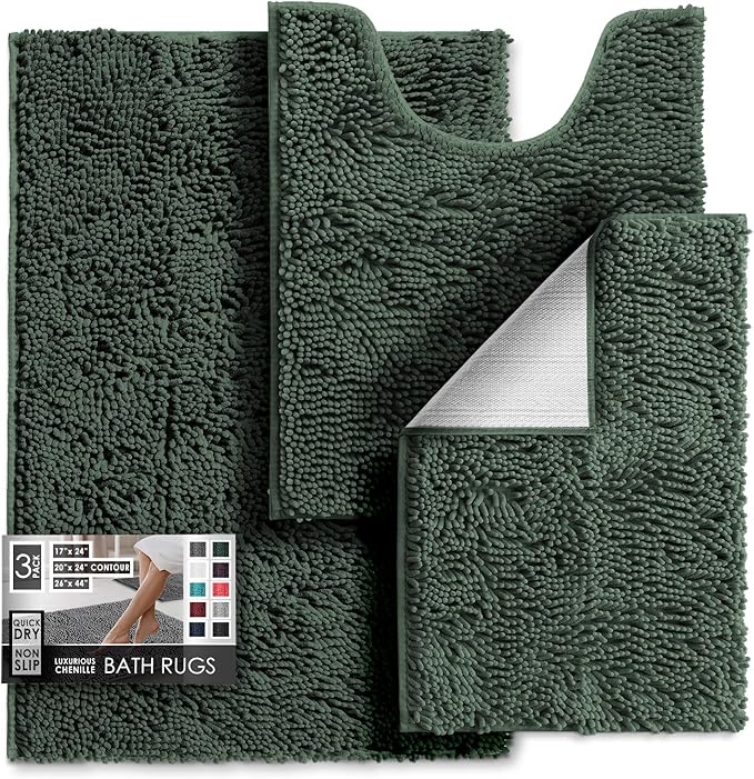 Hearth & Harbor Bathroom Rugs, Chenille Bath Mat - Machine Washable Bath Mats for Bathroom Non-Slip Backing Rubber, Quick Dry Mat - Hunter Green Bath Rug, 17x24-26x44-20x24