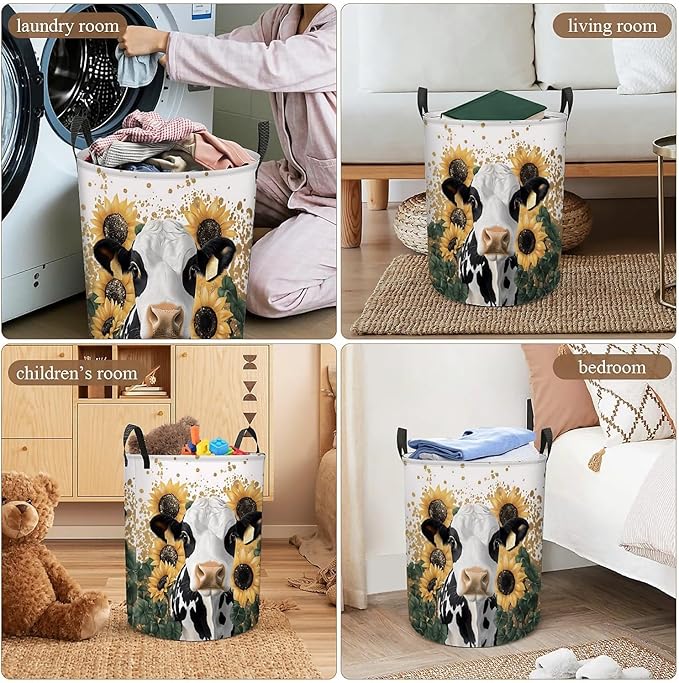 Cow Sunflower Laundry Basket, Large Canvas Collapsible Organizer Storage Basket for Nursery,Office,Toy Organizer,Home,Decor - 19.7" X 15.7 "