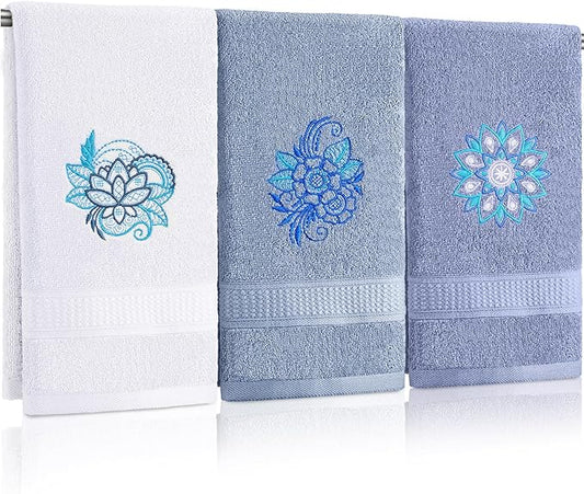 3 Pcs Mandala Hand Towels Mandala Flower Boho Bathroom Decor 14x29 Inch Embroidered Modern 100% Cotton Absorbent Hand Towels for Bathroom Kitchen