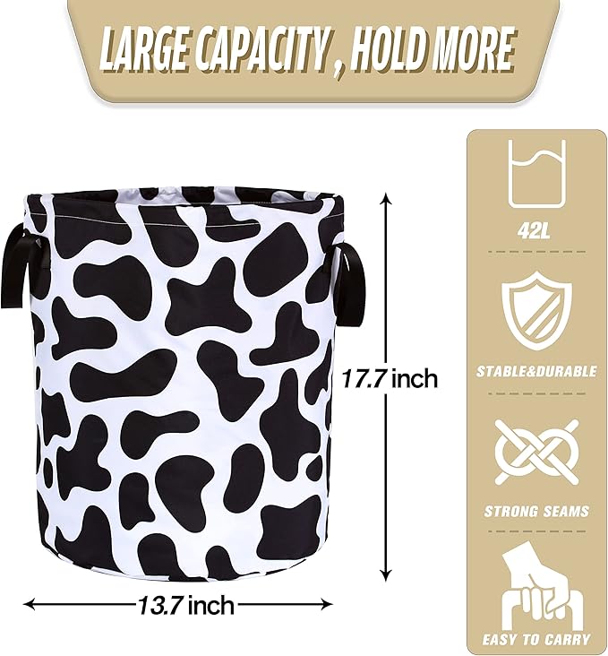 Cow Print Laundry Basket Animal Foldable Oxford Cloth Funny Tote Bag Laundry Hamper Clothes Storage Bucket Organizer For Bathroom/Laundry Storage/Bedroom Storage Basket 17.7x13.7 Inch