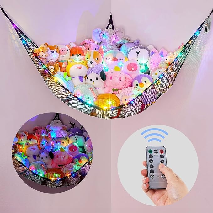 Basumee Stuffed Animals Net or Hammock with LED Light Hanging Toy Net Hammock for Stuffed Animals Storage Stuff Animals Hammocks for Nursery Room with Remote Control, 8 Kinds of Lights(Pack of 1)