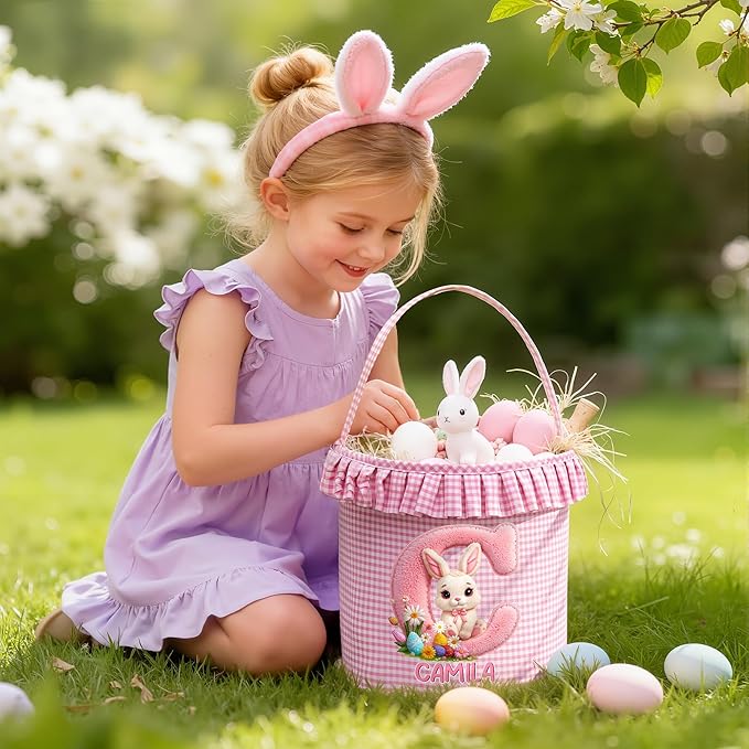 CALLIE Personalized Easter Basket for Kids | 8.8" Custom Easter Basket with Name Rabbits Plaid Design | First Easter Spring Basket Gift