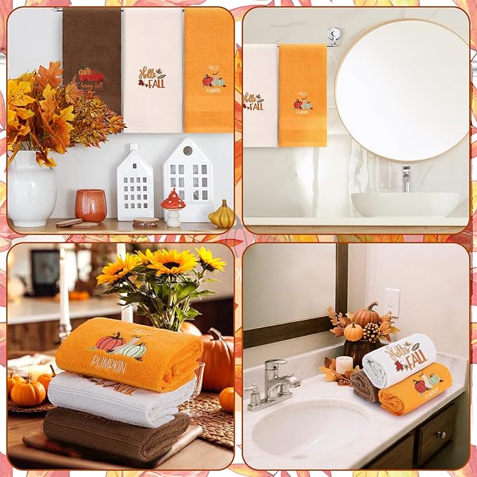 3 Pcs Fall Pumpkin Hand Towels for Bathroom Embroidered Bathroom Towels Farmhouse Decorative 13.78 x 29.53 Inch Absorbent Soft Cotton for Kitchen Dish Fast Drying Decor