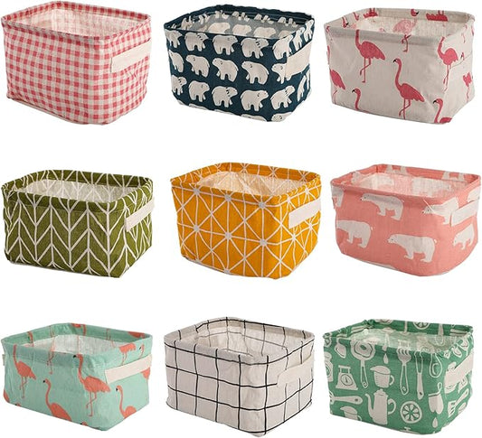 Lawei 9 Pack Mini Canvas Storage Bins - Collapsible Canvas Shelf Basket Nursery Organizer Box with Handles for Nursery Kids Bathroom Home Office