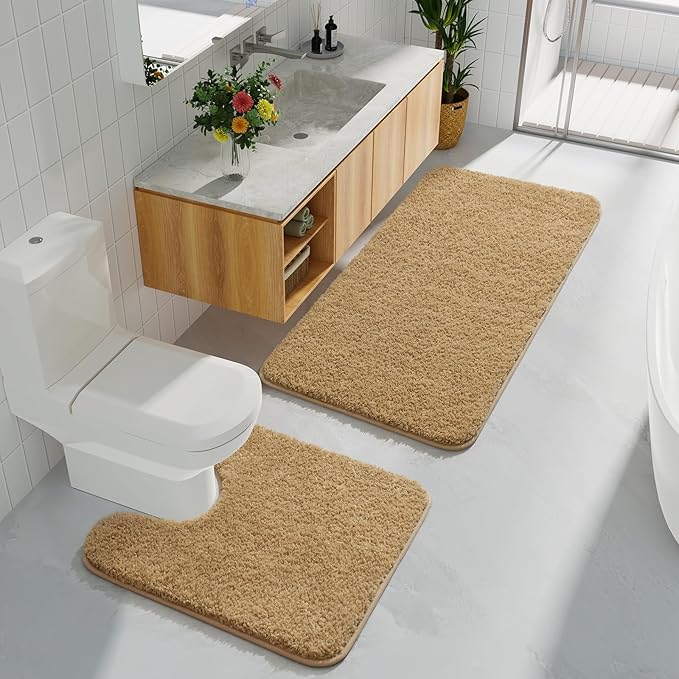 HOMORE Bathroom Rug Sets 2 Piece,Soft Absorbent Bath Mat Sets,Contour Toilet Mat U Shape 21x21 and 21x34 Bath Rugs, Plush Washable Non Slip Rug for Bathroom, Beige