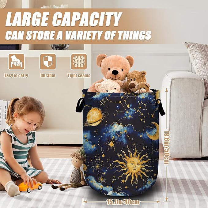 Sun Moon Laundry Basket, Foldable Cloudy Starry Night Laundry Hamper Tote Bag Dirty Clothes Storage Bucket Toy Organizer for Bathroom/Laundry/Bedroom 15.7"x19.6"