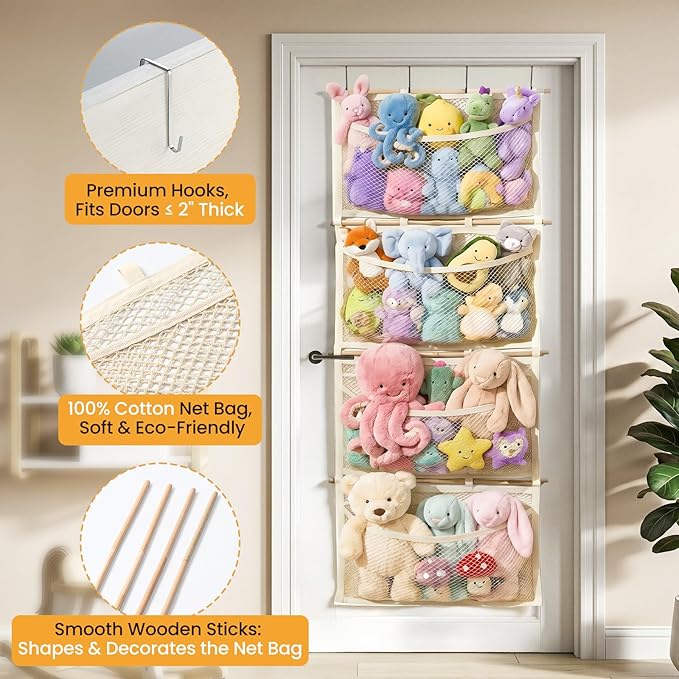 Over Door Large-Capacity Stuffed Animal Storage with Metal Hook & Wooden Stick, Hanging Plush Animal Bear Doll Toy Organizer Net Hammock Behind Door, Boho Nursery Dorm Bedroom Decor for Girl Boy Kid