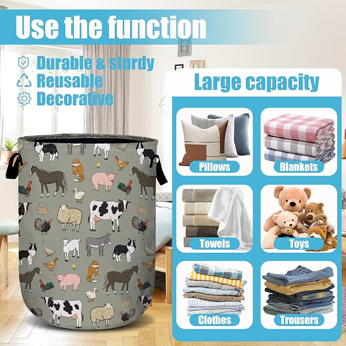 Funny Farm Animal Laundry Basket, Laundry Hamper Collapsible Oxford Cloth with Handle Clothes Toy Storage Bin for Bathroom Laundry Room Bedroom 15.7 X 20 Inch
