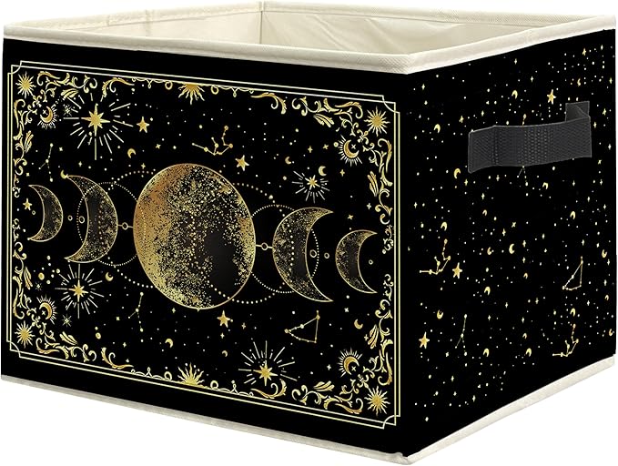 Mystical Witchy Moon Phase Storage Bin Box with Handles, Black and Gold Celestial Astrology Foldable Linen Fabric Laundry Basket for Home Bedroom Bathroom Clothes Toys Books