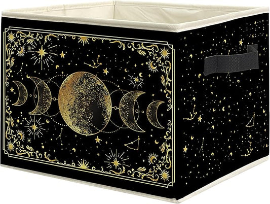 Mystical Witchy Moon Phase Storage Bin Box with Handles, Black and Gold Celestial Astrology Foldable Linen Fabric Laundry Basket for Home Bedroom Bathroom Clothes Toys Books