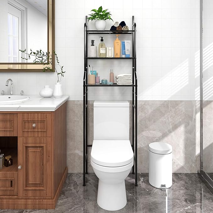 3-Shelf Bathroom Organizer Over The Toilet Space Saver Bathroom Corner Stand Storage Organizer, Black