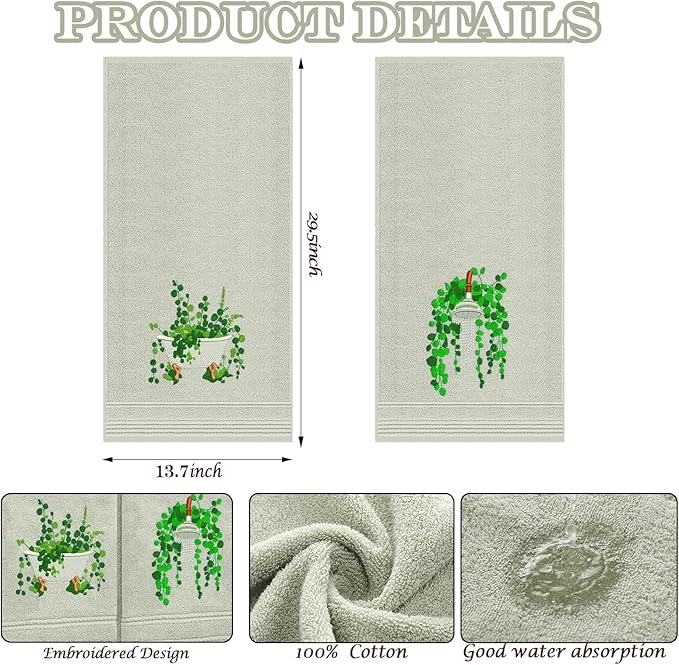 2pcs Eucalyptus Hand Towels for Bathroom Decorative Towels Set 100% Cotton Green Leaves Embroidered Botanical Spring Summer Floral Bath Towels Dish Kitchen Towels Kitchen Bathroom Decor Gift