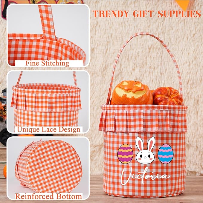 Personalized Easter Baskets for Kids Bunny Bucket Egg Basket Gingham Candy with Handle Tote Bucket Reusable Goody Baskets for Kids Gifts Bags