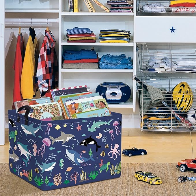Clastyle Fish Sea Turtle Baby Basket Ocean Coral Seaweed Starfish Toy Book Shelf Basket Waterproof Pool Toy Beach Towel Storage Bin Large Dirty Clothes Laundry Hamper, Whales, 40*30*30 cm
