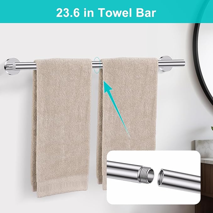 5 Pieces Polished Chrome Round Towel Bar Set Bathroom Hardware Accessories Set Upgraded Toilet Paper Holder Towel Racks Set for Bathroom Stainless Steel Wall Mounted 23.6 in
