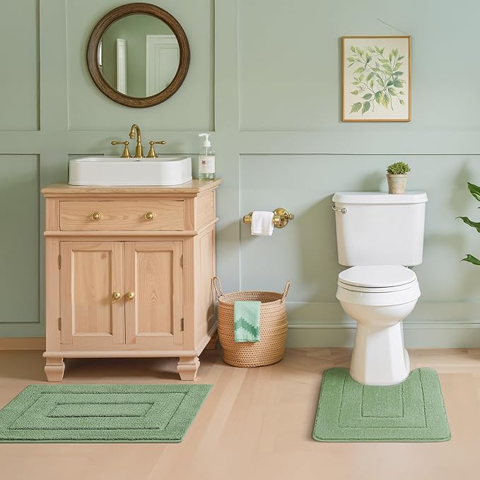 GRANNY SAYS Bathroom Rugs Sets 3 Piece, Soft Absorbent Microfiber Bath Mats for Bathroom Non Slip Washable, U-Shaped Toilet Bath Rugs for Tub Shower (Green, 16" x 24" + 20" x 32" + U Shaped 20" x 24")