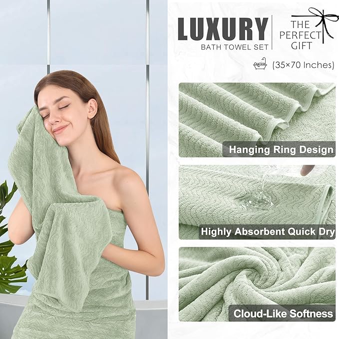 8 Piece Bath Towel Set Green|2 Oversized Large Bath Sheet,2 Hand Towels,4 Washcloths| Ultra Soft Cozy Bath Towel Set for Bathroom Hotel Gym Spa,Highly Absorbent & Quick Dry Bathroom Towel Collections