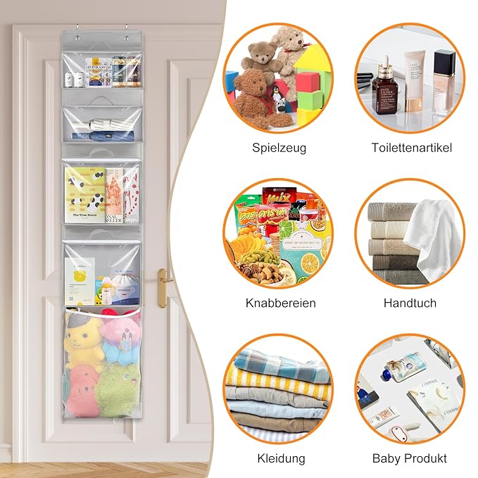 Over Door Organizer and Storage, Hanging Toy Holder with 4 Clear Removable Pouches, Toddler Room Wall Stuffed Animal Bag Case, Kids Playroom Closet Organization for Building Block, Puzzle