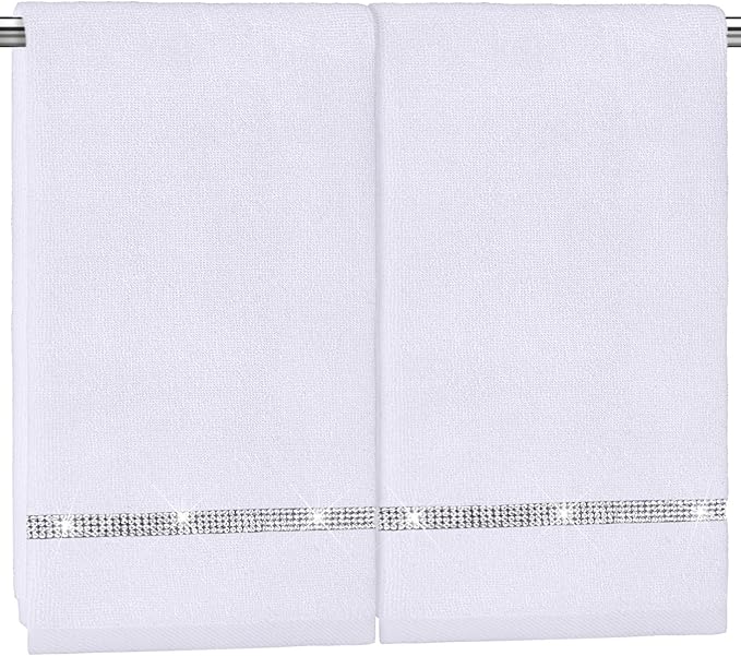 2 Pcs White Sparkling Hand Towels with Rhinestones for Bathroom 100% Cotton Glitter Soft Elegant Hand Bath Towels Absorbent Machine Washable for Spa Yoga Hotel Sport, 29.5" x 13.8"