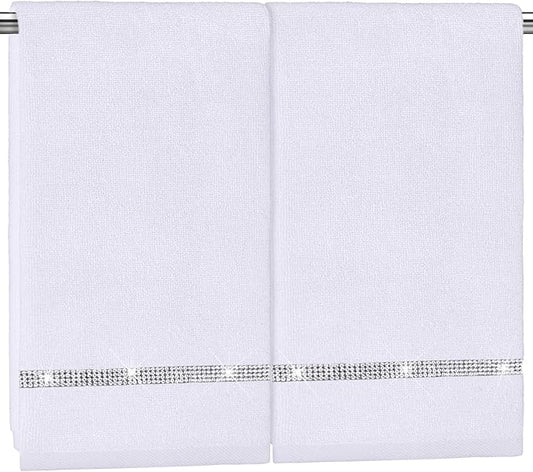 2 Pcs White Sparkling Hand Towels with Rhinestones for Bathroom 100% Cotton Glitter Soft Elegant Hand Bath Towels Absorbent Machine Washable for Spa Yoga Hotel Sport, 29.5" x 13.8"