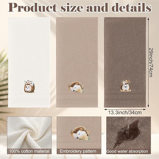 3 Pcs Hedgehog Floral Hand Towels Bathroom Decor Cute Hedgehog Gifts Decorative Farmhouse 100% Cotton Embroidered Hand Towels for Women Bathroom Kitchen 13. 3'' x 29. 5''