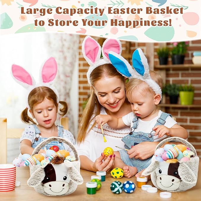Easter Basket, Soft Cow Plush Baskets, Easter Egg Hunt Buckets, Easter Decorations Indoor Outdoor, Cute Easter Gifts for Kids, Adults, Teens, Toddlers, Girls