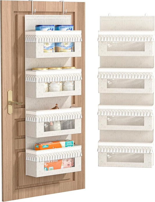 Aokeyee 4 Tier Over The Door Organizer Storage Nursery, Boho Door Organizer Hanging with Tassels and Clear Window, 55lb Behind The Door Storage for Baby Nursery, Bedroom, Bathroom, Laundry, Pantry