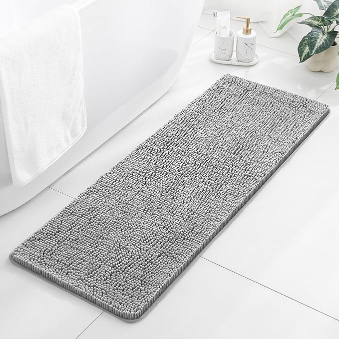Gray Bathroom Rugs 17"x47" - Plush Chenille Non-Slip Runner Bath Mat - Absorbent, Washable, Soft Decor for Shower, Sink, Tub, Kitchen, Home Accessories