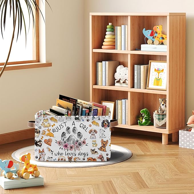 Paw Print Storage Basket - Birthday Christmas Gift for Dog Lovers - "Just a Girl Who Loves Dogs" Themed Collapsible Storage Bin with Handles - Rectangle Storage Organizer for Home, Shelves, Closet