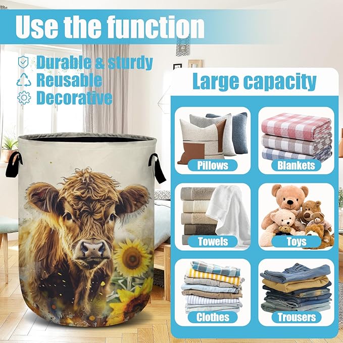 Highland Cow Sunflowers Laundry Basket, Laundry Hamper Collapsible Oxford Cloth with Handle Clothes Toy Storage Bin for Bathroom Laundry Room Bedroom 15.7 X 20 Inch