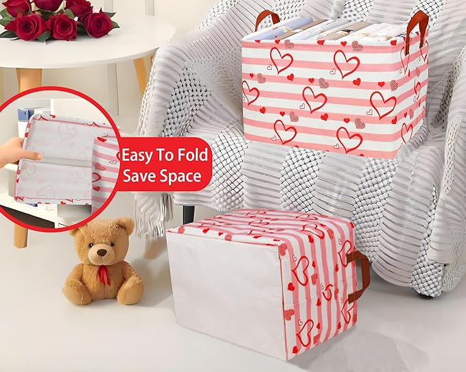 Large Valentine's Day Basket Heart Shaped Storage Bin for Gifts Collapsible Organizer Room Decor (Pink Horizontal Bar Love)