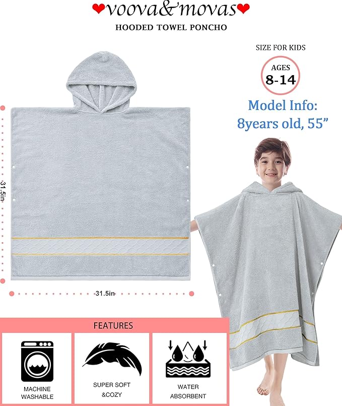 32"X64" Large Turkish Poncho Towels for Big Kids (8-14Years), 100% Cotton | Thick 600GSM | Absorbent | Large | Bathrobes for Boys | Girls | Teens, Perfect for Swim | Bathroom | Pool | Gifts,Light Gray