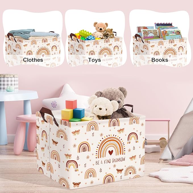 Clastyle Boho Rainbow Toy Basket Rectangle Butterfly Flower Pink Girl Basket Kid Room Decor Clothes Nursery Hamper Baby Gift Book Shelf Basket