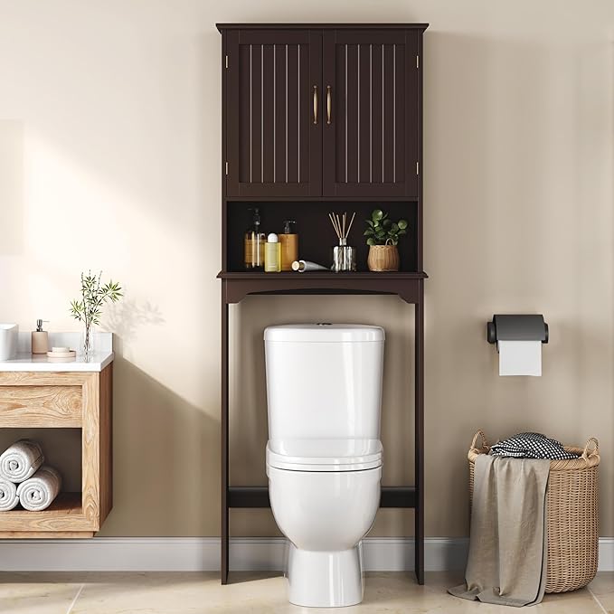 Topeakmart Over The Toilet Storage Cabinet Bathroom Organizer with Adjustable Shelf & Double Doors for Toilet, Home Space-Saving Furniture, L24.5xW9xH66 Inches, Espresso