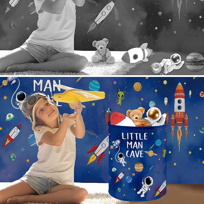 Space Themed Bedroom Decor Baby Laundry Hamper,Kid Laundry Basket for Boys Room,Astronaut Rockets Nursery Decor Storage Toy Bin, Lightweight Dirty Clothes Organizer Box (Blue Space)