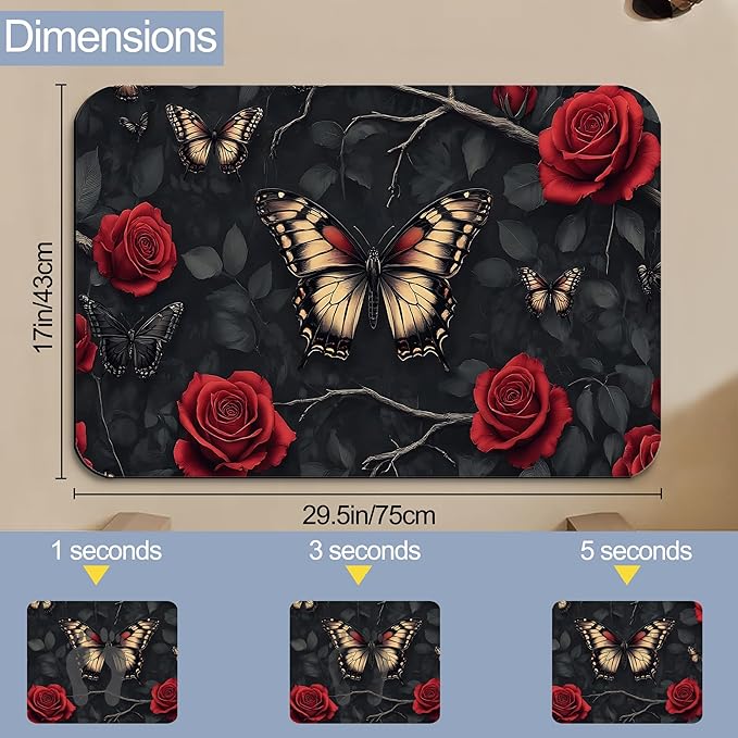 Gothic Butterfly Bathroom Rugs, Non Slip Quick Dry Red Rose Flower Bath Mats for Bathroom, Super Absorbent Diatomaceous Bathmat for Home Kitchen Thin Floor Doormat 17 X 29.5 Inch
