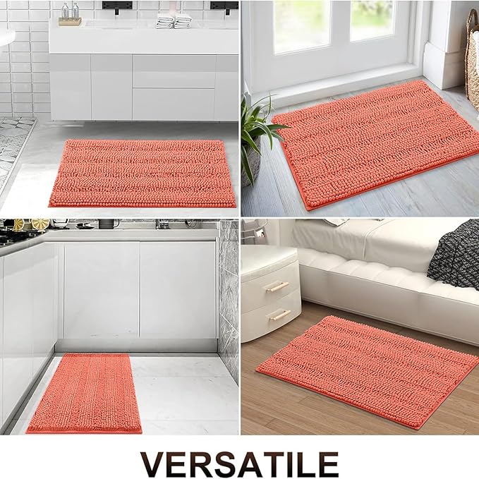 Grandaily Chenille Striped Bathroom Rugs 30x20, Extra Thick and Absorbent Bath Mats, Non-Slip Soft Plush Shaggy Shower Carpet, Machine Wash Dry, Bath Rug for Bathroom, (Medium, Coral)