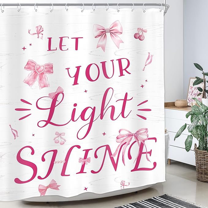 Homewelle Pink Shower Curtain Inspirational Ouotes Girls Bow Funny Cherry Classical English Letter Let You Light Shine 60Wx72H Inch Aesthetic Modern Waterproof Polyester Fabric Bathroom Bathtub