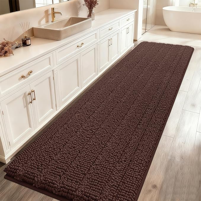 ACCUMTEK Extra Long Striped Brown Bathroom Rug Mat 70"x24" Ultra Soft, Non Slip Chenille Bath Rugs, Absorbent Plush Shaggy Bath Mats for Bathroom, Bedroom, Kitchen, Shower, Tub