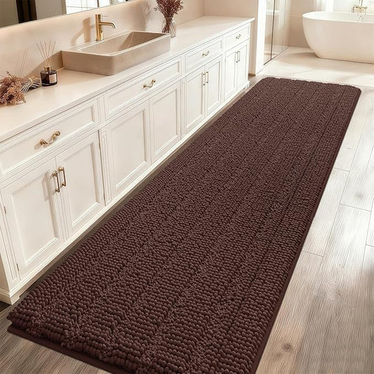 ACCUMTEK Striped Brown Bathroom Rug Mat 59"x20" Ultra Soft, Non Slip Chenille Bath Rugs, Absorbent Plush Shaggy Bath Mats for Bathroom, Bedroom, Kitchen, Shower, Tub