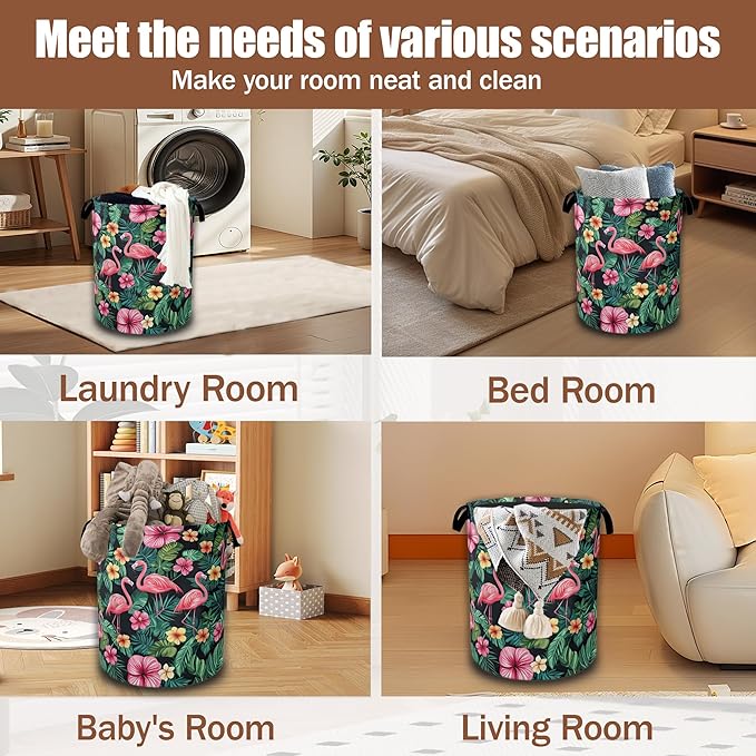 Tropical Palm Laundry Basket,Flamingo Watercolor Laundry Hamper Waterproof Oxford Cloth Tote Collapsible,Clothes Storage Bucket Decorative Toy Organizer For Bathroom Bedroom 16" x 20.8"