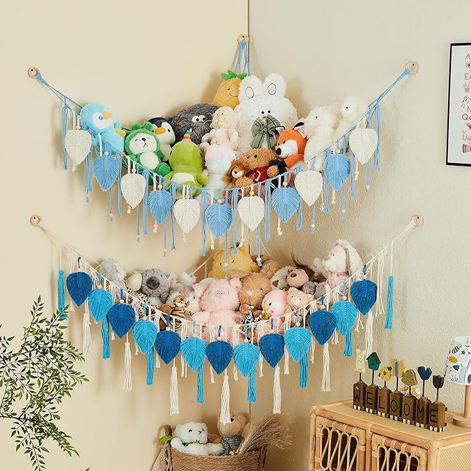 Pretty Jolly Macrame Stuffed Animal Hammock with Beads Hand Woven Leaf Tassels Corner Hanging Net Boho Plush Holder for Toys Kid Room Nursery Decor Easy Install Organizer for Girls Gift(Light Blue)
