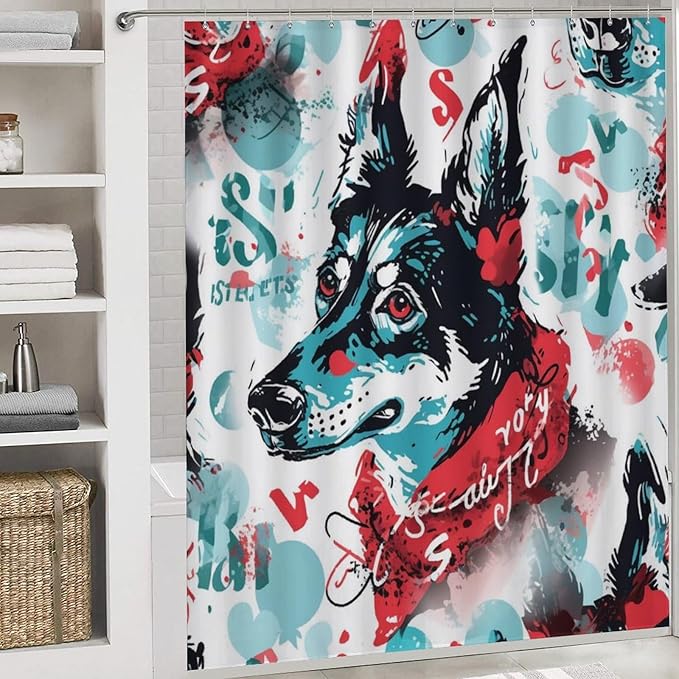 4 Piece Bathroom Rug Set with Shower Curtain Dog Pet Graphic Bathroom Shower Curtain Set with Rugs Dog Lovers Gift Bathroom Shower Curtains Sets for Bathtub Decor 72inch X 72inch