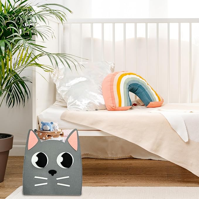 Felt Baby Basket,Cat Shaped Gift Basket Nursery Organizer for Storage Infant Newborn Essentials,Foldable Bathroom and Bedroom Stuff Diaper Toys Baby Vintage Decor with Cute Cat Design