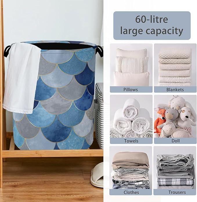 Mermaid Fish Laundry Hamper,Dirty Clothes Laundry Basket with Handles Waterproof Oxford Cloth Storage Basket for College Dorms Bathroom Bedroom 16" x 20.8"