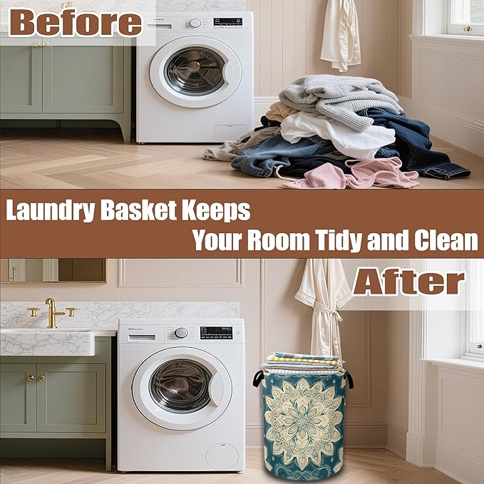 Vintage Mandala Ethnic Laundry Hamper,Laundry Baskets,Waterproof Oxford Cloth Toy Storage for Bedroom,Bathroom,Nursery,16x20.8 Inch